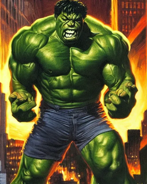 Image similar to a moody oil painting of the incredible hulk on a rampage in new york city by joe jusko. dramatic lighting. action and destruction.