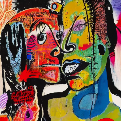 Image similar to acrylic painting of two bizarre psychedelic women kissing in japan in autumn, speculative evolution, mixed media collage by basquiat and jackson pollock, maximalist magazine collage art, sapphic art, psychedelic illustration