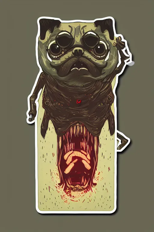 Image similar to demon pug eating flesh. art by mike winkelmann, sticker, illustration, highly detailed,