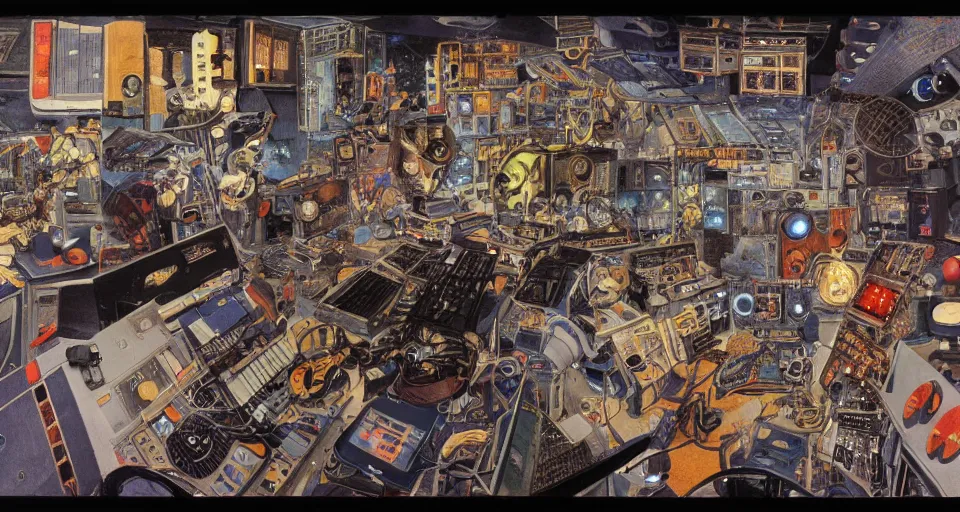 Prompt: collage wide angle view of highly detailed 70s scifi illustration collage of a space station interior with robots playing musical instruments in a music studio