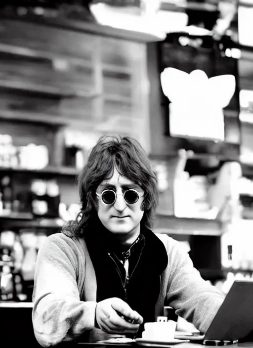 Image similar to john lennon sitting inside a starbucks using his iphone 1 2, black and white photo, real, photorealistic