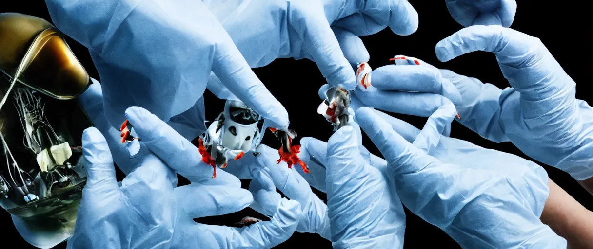 Image similar to filmic dutch angle extreme closeup movie still 4 k uhd 3 5 mm film color photograph of hands wearing surgical gloves being bitten by a dangerous re - animated alien specimen in a lab