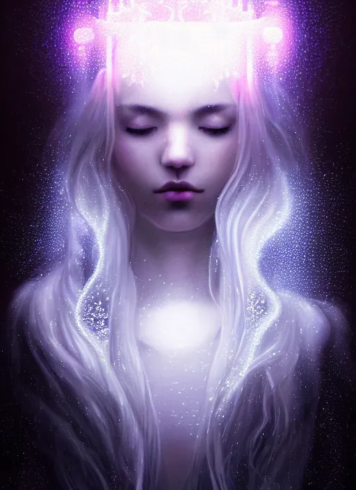 Image similar to a beautiful majestic white queen with snowflakes on her hair, glowing light orbs, intricate concept art, elegant, digital painting, smooth, sharp focus, misty, deep colors, illuminated lines, outrun, vaporware, dark background, cyberpunk darksynth, ethereal, ominous, misty, 8 k, rendered in octane, by ruan jia and miho hirano and jeremy mann