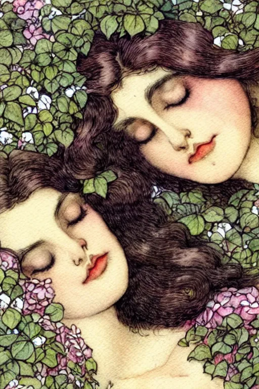 Prompt: closeup face shot of sleeping woman with long hair on a bed surrounded by ivy and flowers, fantasy art, trending on artstation, sleeping beauty fairytale, art by hans zatzka and walter crane and kay nielsen, watercolor illustration,