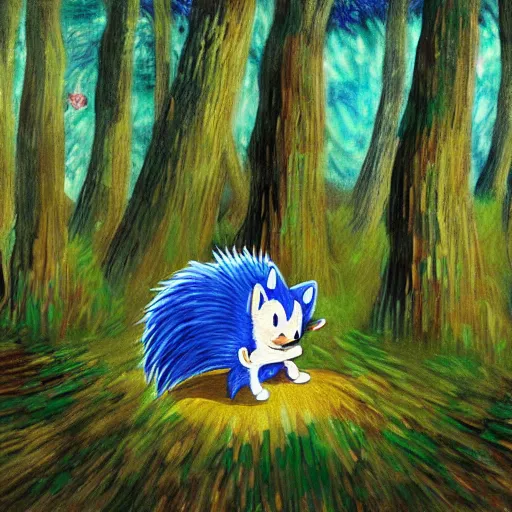 Prompt: sad painting of detailed realistic sonic the hedgehog in the woods at night, in the style of studio ghibli and moebius and claude monet and edward hopper and vincent van gogh