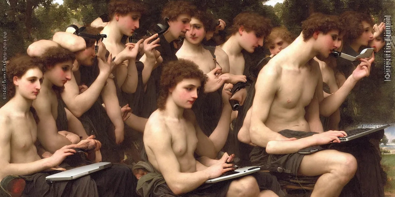 Image similar to a large group of pre - raphaelite athletic males wearing headset holding macbook! by bouguereau