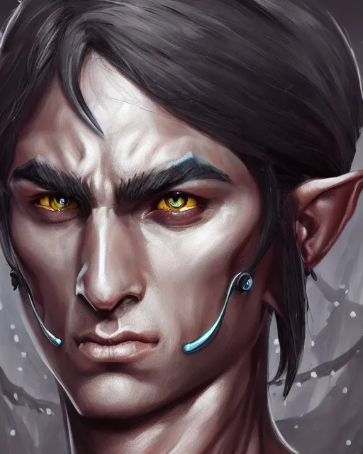 Image similar to a handsome noble male dark elf, obsidian skin, jewels, fantasy, intricate, elegant, highly detailed, digital painting, artstation, concept art, sharp focus, illustration