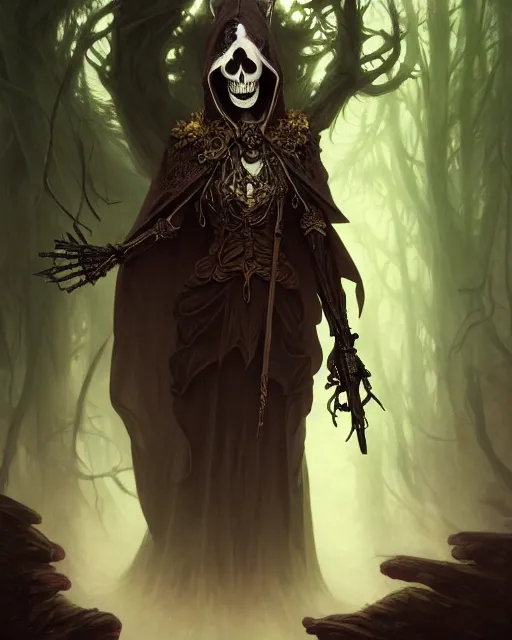 Image similar to Portrait of a skeleton mage wearing hood, dark fantasy, deep forest on background, mid-shot, intricate, elegant, highly detailed, digital painting, artstation, concept art, smooth, sharp focus, illustration, art by Sam Youn and Fernanda Suarez and Artem Demura and alphonse mucha