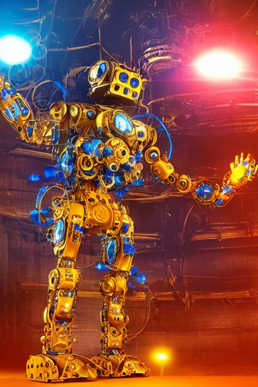 Image similar to photo of a giant huge golden and blue metal humanoid steampunk robot with big gears and tubes, robot is broken and falling apart into pieces, eyes are glowing red lightbulbs, shiny crisp finish, 3 d render, 8 k, insaneley detailed, fluorescent colors, background is multicolored lasershow