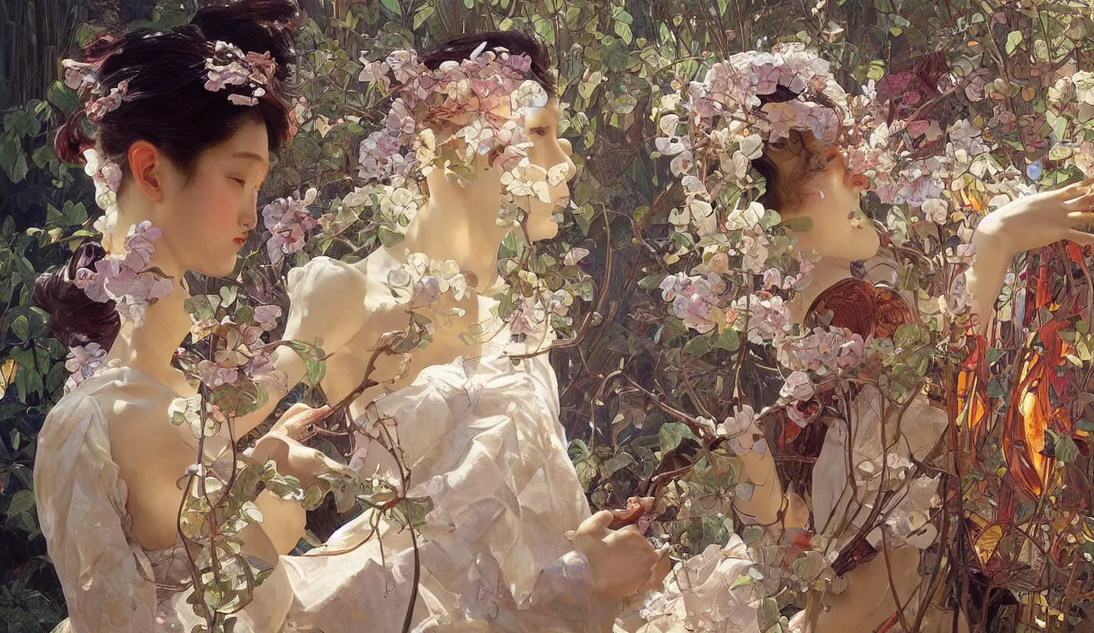 Image similar to Still of a humanoid robot creating art with painting, high detail, cinematic, art by tian zi and WLOP and alphonse mucha