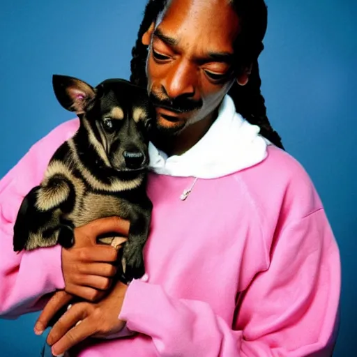 Prompt: Snoop Dogg crying while holding a puppy for a 1990s sitcom tv show, Studio Photograph, portrait, very sad C 12.0