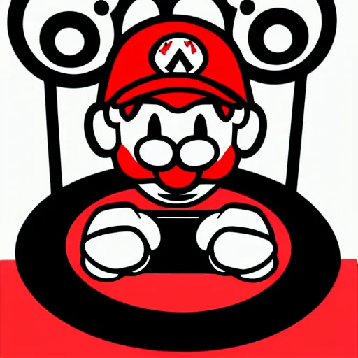 Image similar to svg sticker of a Pop-Wonder SuperMario, Mario-Wearing-a-red-hat, at a rave, spinning records, giant headphones rocking out, wearing headphones, huge speakers, dancing, rave, DJ, spinning records, digital art, amazing composition, rule-of-thirds, award-winning, trending on artstation, featured on deviantart