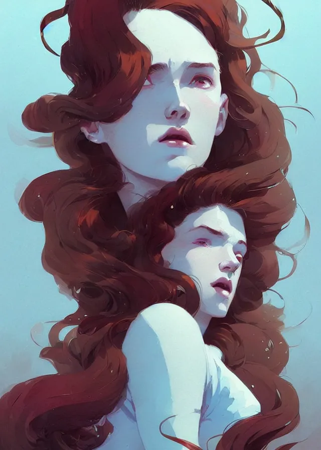 Image similar to beautiful artistic - wave highly detailed full - body portrait female, front facing, long red hair, by atey ghailan, by greg rutkowski, by greg tocchini, by james gilleard, by joe fenton, by kaethe butcher, dynamic lighting, gradient light blue, brown, blonde cream and white color scheme, grunge aesthetic