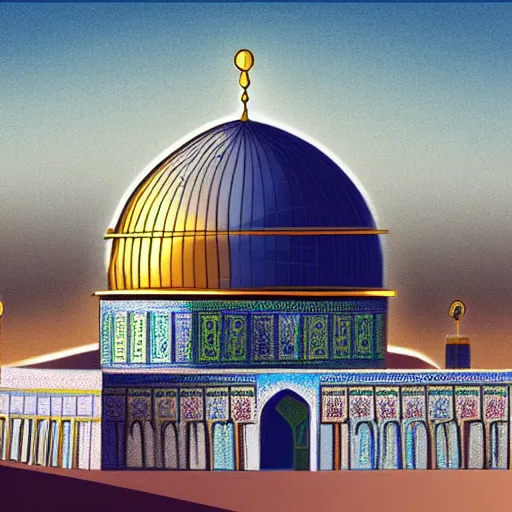 Image similar to a beautiful illustration of dome of the rock jerusalem and f a muslim is praying in front of it, digital art, trending on artstation