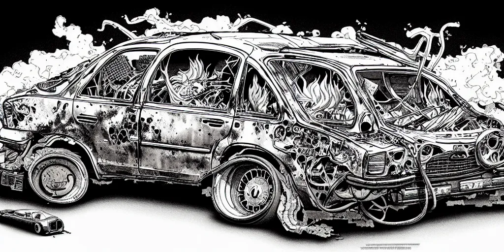 Image similar to a big woman axolotl in burning wrecked mercedes 1 2 4, ultrafine hyperdetailed illustration by kim jung gi