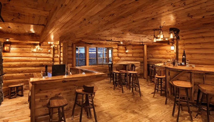 Image similar to empty cozy bar in small cabin, warm, outside winter landscape