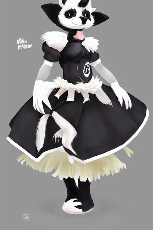 Prompt: a skunk fursona wearing a maid outfit, highly detailed, digital art, trending on artstation, furry art