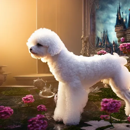 Prompt: bichon frise, fairy tale, stunning, surrounding cinematic light, hyper detailed, ornate and intricate, 4 k cinematic octane render