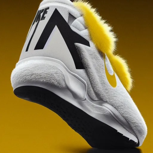 Image similar to poster nike shoe made of very fluffy yellow faux fur placed on reflective surface, professional advertising, overhead lighting, heavy detail, realistic by nate vanhook, mark miner