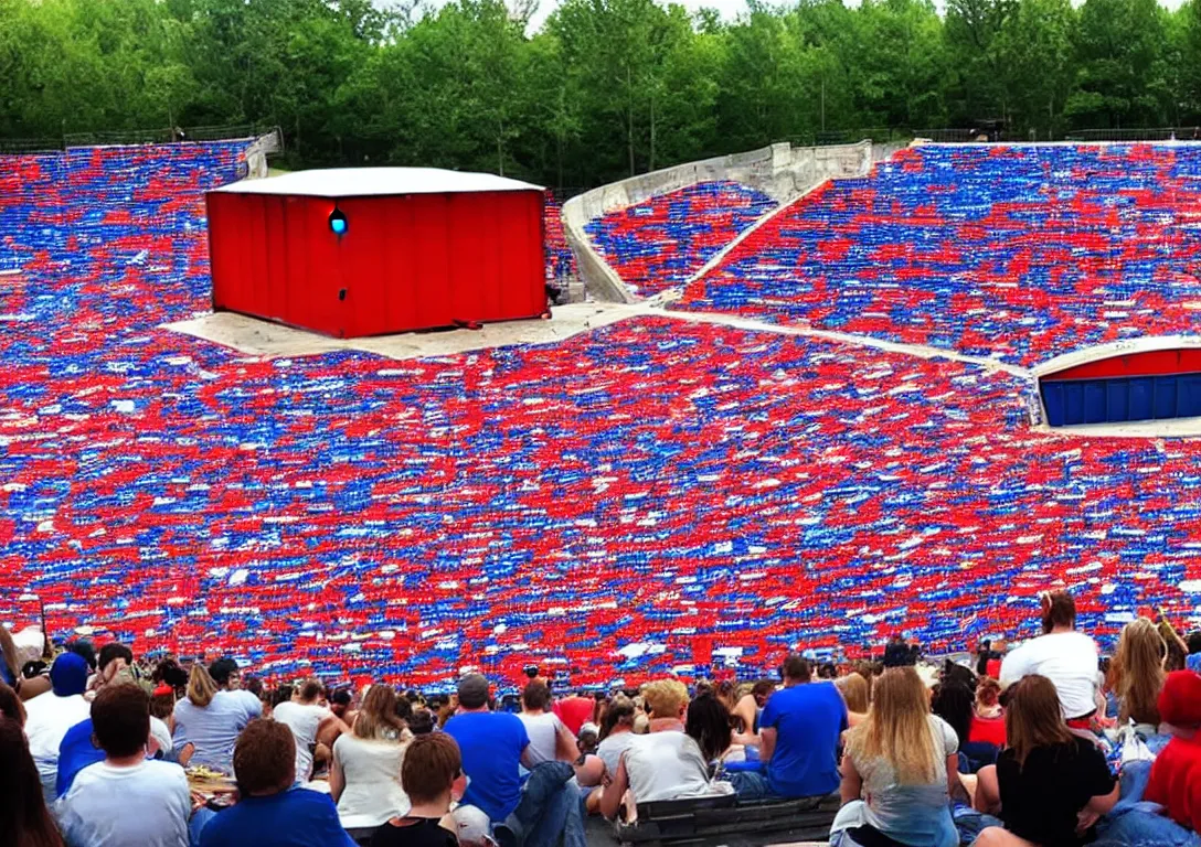 Prompt: Large amphitheater full of people watching a dumpster with a fire inside of it on the stage. Red white and blue themed.