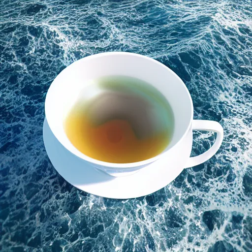 Image similar to teacup filled with the ocean, octane render, moddy lighting, big waves, white tea cup, ultra realistic, detailed,