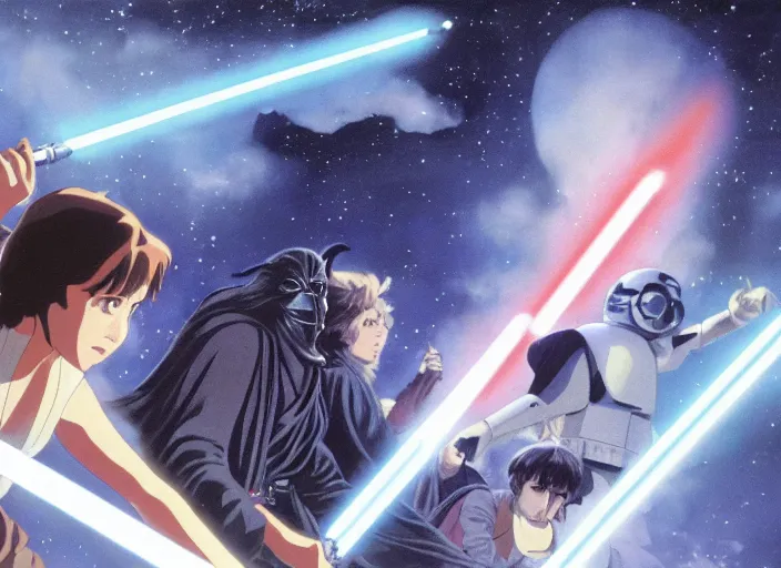 Image similar to film still of Star Wars Return of the Jedi Artwork by Dice Tsutsumi, Makoto Shinkai, Studio Ghibli