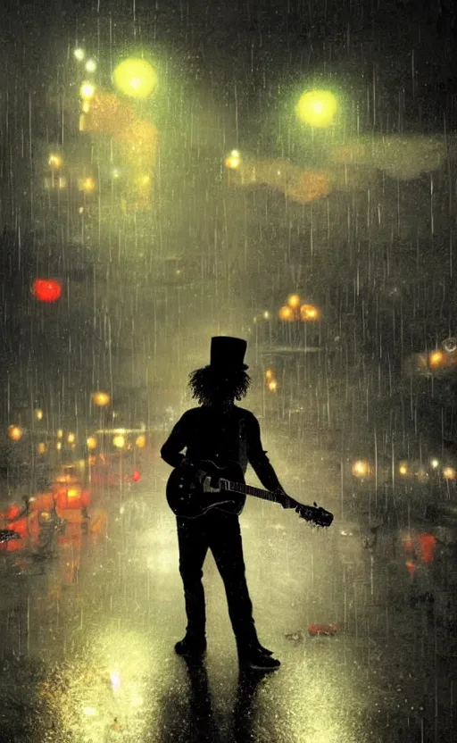 Image similar to a painting of slash playing the guitar, rainy night, lights, particles, depth of field, raindrops, crowd, lights, top hat by greg rutkowski, featured on artstation, epic composition, dramatic theme, cgsociety, deviantart, conceptartworld, screenshot from guitarhero cutscene