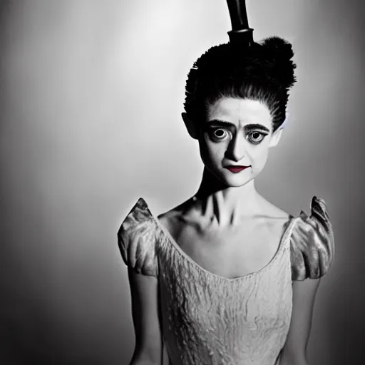 Image similar to natalia dyer as the bride of frankenstein, universal, movie, photography, portrait, beautiful,