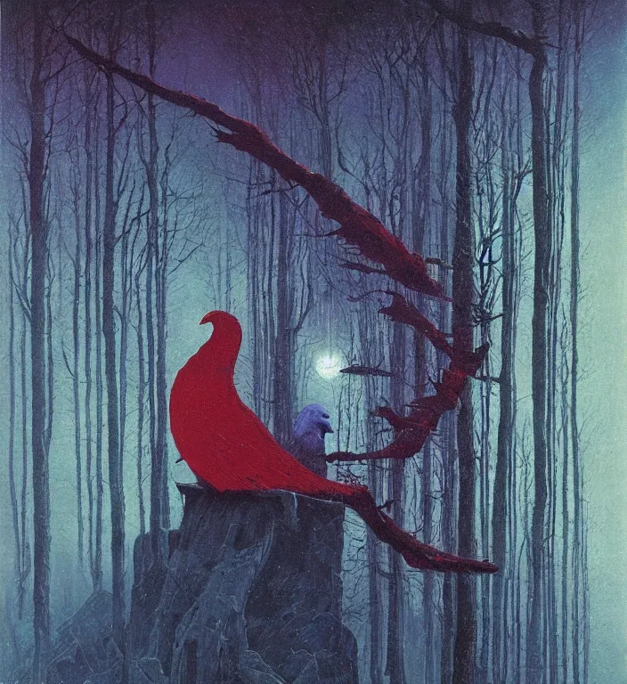 Prompt: metal reflective android raven bird in winter forest red and purple palette, volume light, fog by caspar david friedrich by ( h. r. giger ) and paul lehr