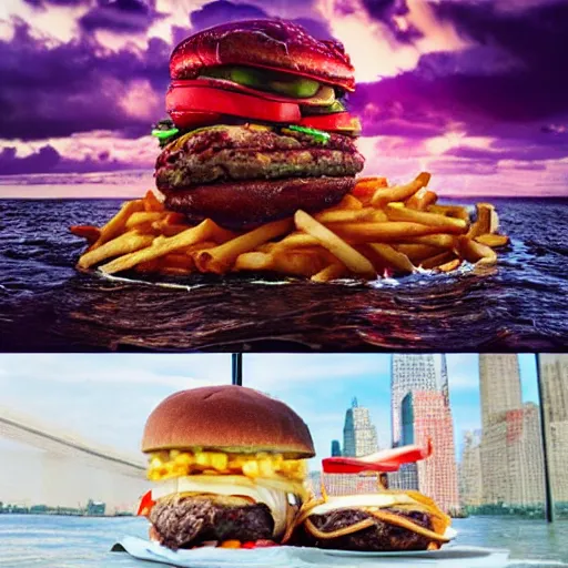 Image similar to giant delicious burger and fries splashes into New York city river, mind-bending digital art, macro photography 25mm, hollywood movie cinematic helicopter view