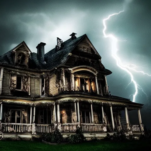 Prompt: a real photo of a horror mansion, in a lighting storm, portrait, 4 k, 8 0 mm, higly detailed, cinematic,
