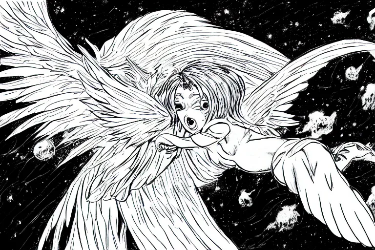 Prompt: angelic winged lioness flying in outer space, black and white ink on paper, thick outlines, 8k high quality detailed art, trending on art station, super wide angel, manga art, by Eiichiro Oda