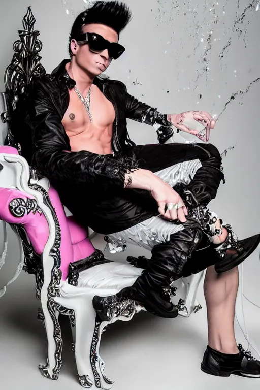 Image similar to full-body rococo and cyberpunk style neon statue of a young attractive Pauly D wearing cholo shades macho dotado e rico android sim roupa reclining con las piernas abertas e la piroca dura, ethereal white dripping tar, glowing white lasers, pink tigers, glowing eyes, silver prince crown, black gears, pink diamonds, swirling mint-colored silk fabric. futuristic elements. full-length view. human skulls. large intricate artwork by caravaggio. Trending on artstation, octane render, cinematic lighting from the right, hyper realism, octane render, 8k, depth of field, 3D