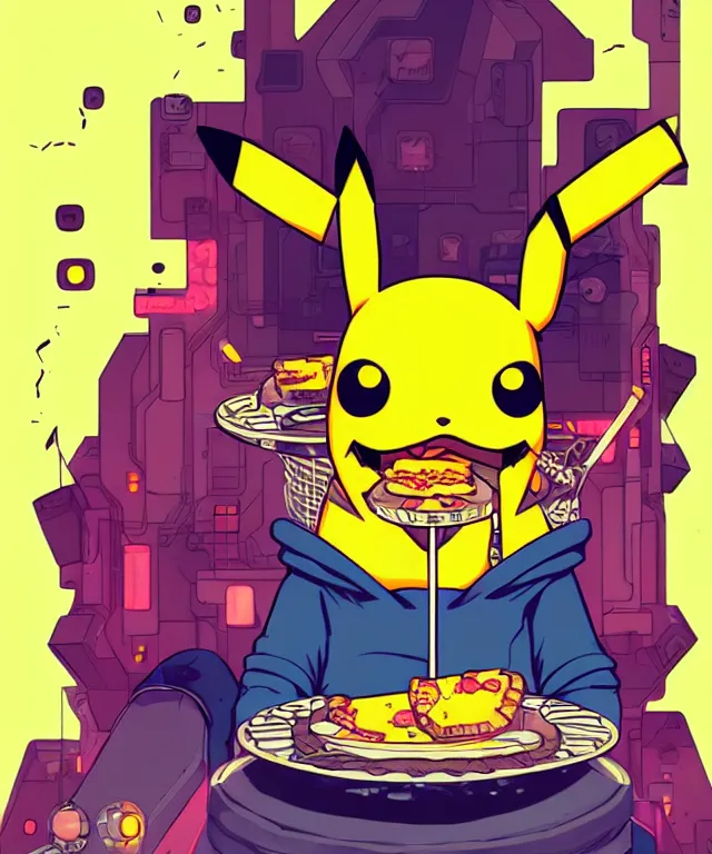 Image similar to a portrait of an anthropomorphic cyberpunk pikachu eating pie, cyberpunk!, fantasy, elegant, digital painting, artstation, concept art, matte, sharp focus, illustration, art by josan gonzalez