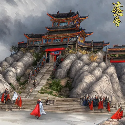 Image similar to dynamic composition, motion, ultra-detailed, incredibly detailed, a lot of details, amazing fine details and brush strokes, colorful and grayish palette, smooth, HD semirealistic anime CG concept art digital painting, watercolor oil painting of epic castle gate, from Three Kingdoms, by a Chinese artist at ArtStation, by Huang Guangjian, Fenghua Zhong, Ruan Jia, Xin Jin and Wei Chang. Realistic artwork of a Chinese videogame, gradients, gentle an harmonic grayish colors.