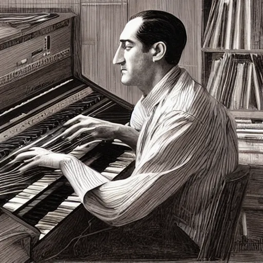 Image similar to photo of george gershwin playing a modular synthesizer, realistic, sharp focus, 4 k high definition, insanely detailed, intricate, elegant, art by stanley lau and artgerm