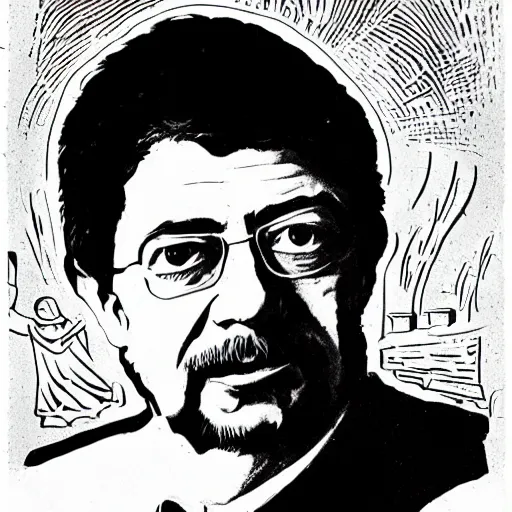 Image similar to portrait of Mélenchon, the savior of the Little People, in the style of Soviet propaganda, high details, symmetrical face