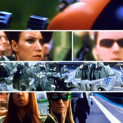 Image similar to The matrix, LeeLoo, Starship Troopers, Sprinters in a race, The Olympics footage with crowd cheering, intense moment, cinematic stillframe, french new wave, The fifth element, vintage robotics, formula 1