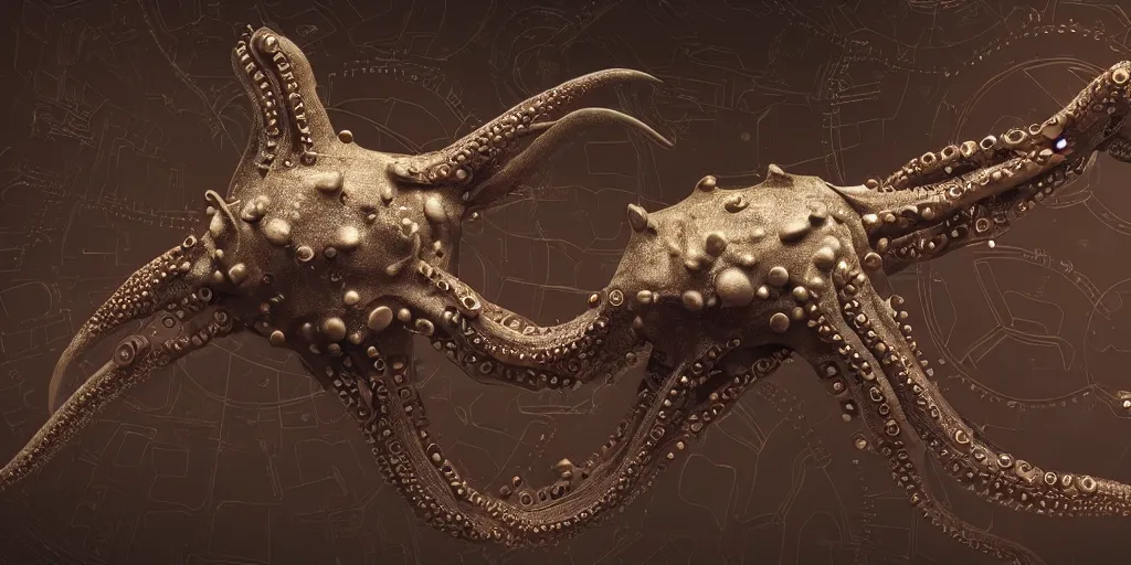 Image similar to low - angle medium shot of an miniature tetrapod octopus steampunk space alien from the future on its first day of driver's ed learning to parallel park. 8 k, 4 k, hq, 3 d render, digital art, dramatic lighting, comedy, science fiction, hyper realistic, ultra detailed. style of fifth element, gravity, silent running.