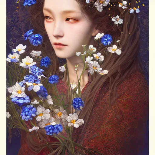 Image similar to breathtaking detailed concept art painting of the goddess of nemophila flowers, orthodox saint, with anxious, piercing eyes, ornate background, amalgamation of leaves and flowers, by Hsiao-Ron Cheng, James jean, Miho Hirano, Hayao Miyazaki, extremely moody lighting, 8K