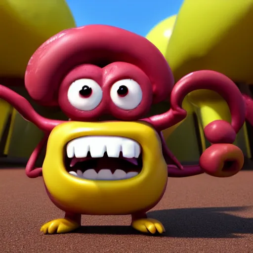 Image similar to cute anthropomorphic happy donut monster with big teeth and big eyes detailed character concept 3 d pixar style render 4 k