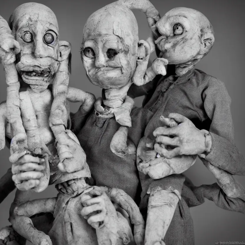 Prompt: creepy ventriloquist dummies in the style of roger ballen and akihiko yoshida, 4 k, bw, portrait