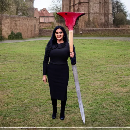 Prompt: A medium shot photograph of priti patel holding a large medieval axe, 4k , HD