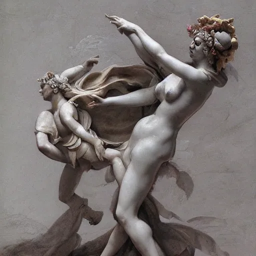 Prompt: sculpture of persephone, goddess of the underworld, being kidnapped by venus, goddess of beauty, made by michelangelo, art station, concept art