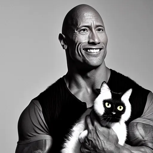 Prompt: dwayne johnson holding a black cat, studio lighting, promotional photograph