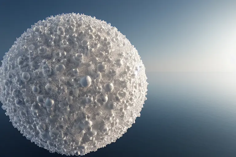 Prompt: a biological cell mandalay sphere fractal architecture composed of many white spherical egg shaped spaces arranged up and down. on the calm lake, people's perspective, future, wood, marble, award winning, highly detailed 4 k art, dusk, unreal engine highly rendered, global illumination, radial light, internal environment by kazuyo sejima