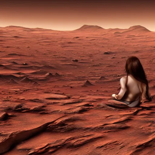 Image similar to Still of a woman with gorgeous flowing hair on Mars, sitting on a Martian rock, reddish atmosphere with detailed highlights, dark gloomy sky cascading upon the atmosphere, well-detailed ornate Martian mountains in the background, trending on artstation, 4k, 8k