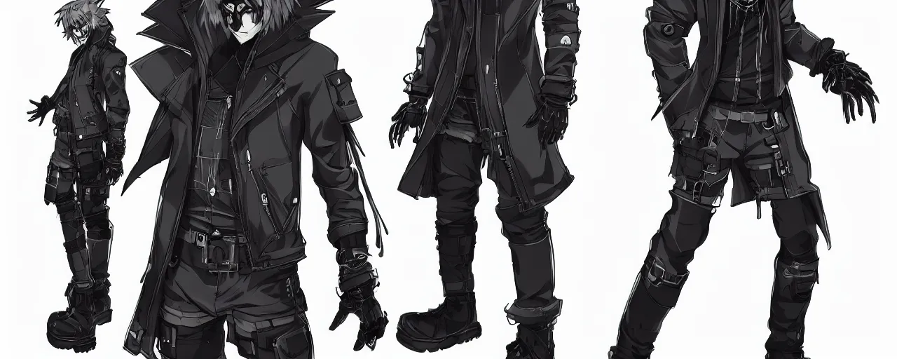 Image similar to a male anime cyberpunk raccoon wearing a heavy jacket and heavy black boots, character concept exploration, outfit designs, trending on artstation; clear silhouette, strong design