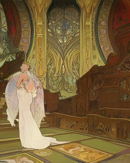 Prompt: painting by alphonse mucha, the interior of the opera house, in the depth of the hall there is an illuminated stage with a singer in a white dress, a palette of pastel colors