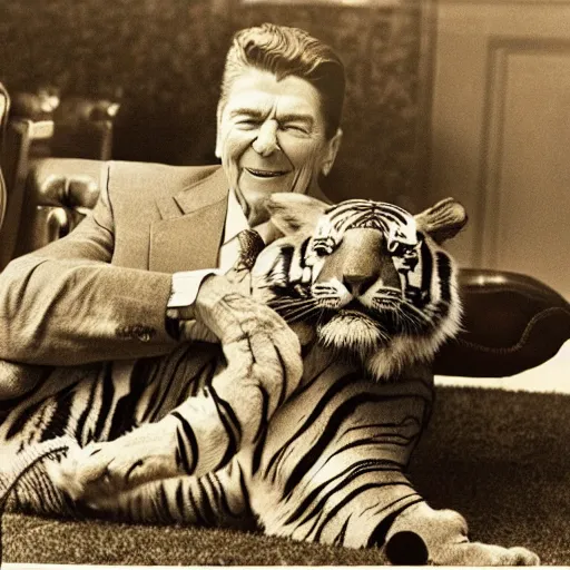 Image similar to [ ronald reagan sitting in chair with a tiger lying at his feet ]